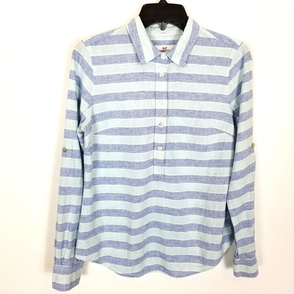 Vineyard Vines Women Linen Blend Cove Poplin Shirt Sz 6 Blue Striped Nautical